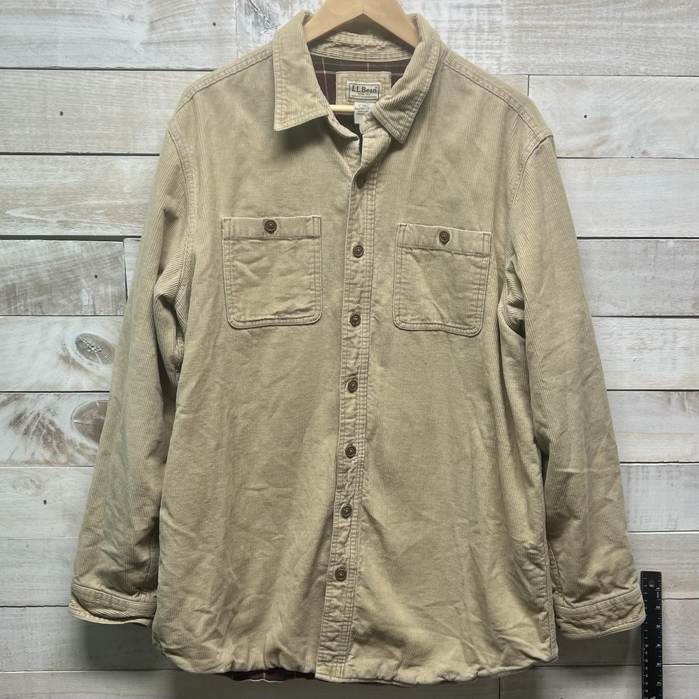 LL Bean Corduroy Shirt Jacket Mens L Tall Beige Pocket Wide Wale Flannel Vintage